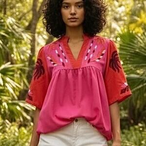 THML Pink and Red Embroidered Blouse